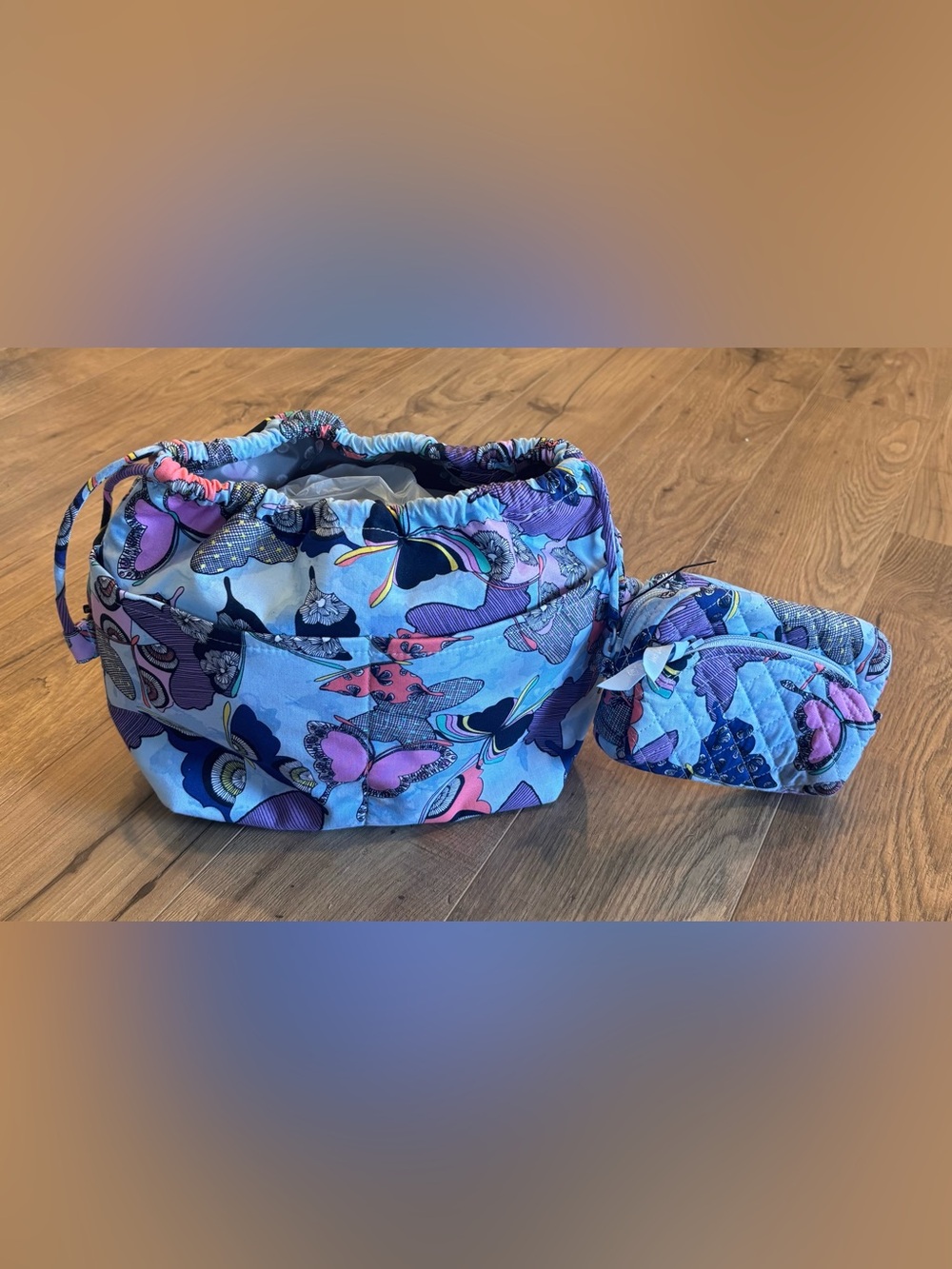 Vera Bradley Butterfly By Drawstring Travel Bag Blue Multicolor Retired Print